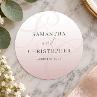 Elegant Pink Monogram Script Wedding Classic Round Sticker
