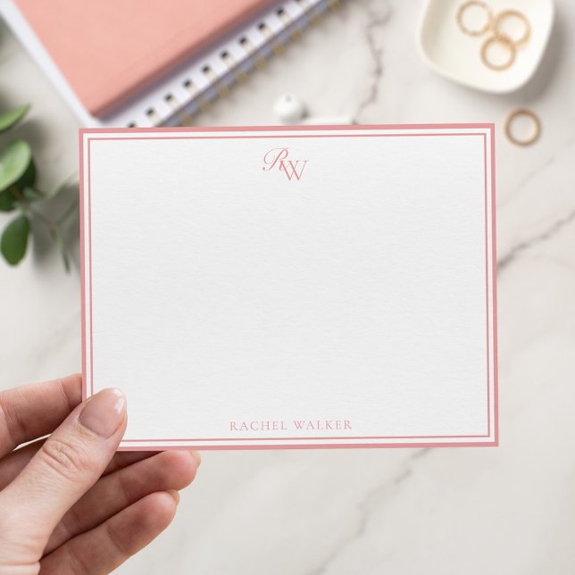 Elegant Pink Monogram Two Border Note Card (Creator Uploaded)
