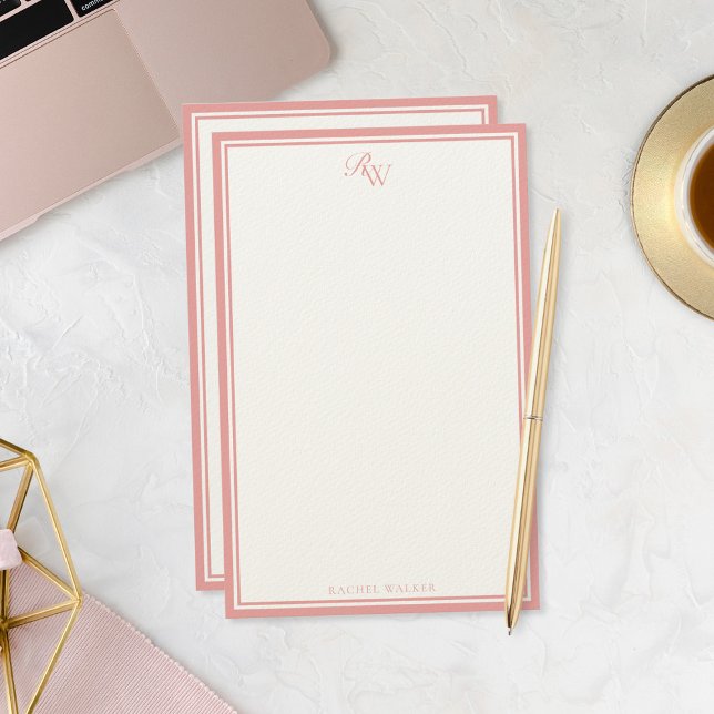 Elegant Pink Monogram Two Border Stationery (Creator Uploaded)