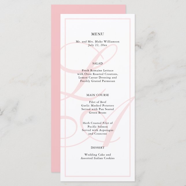 Elegant Pink Monogram Wedding Menu (Front/Back)
