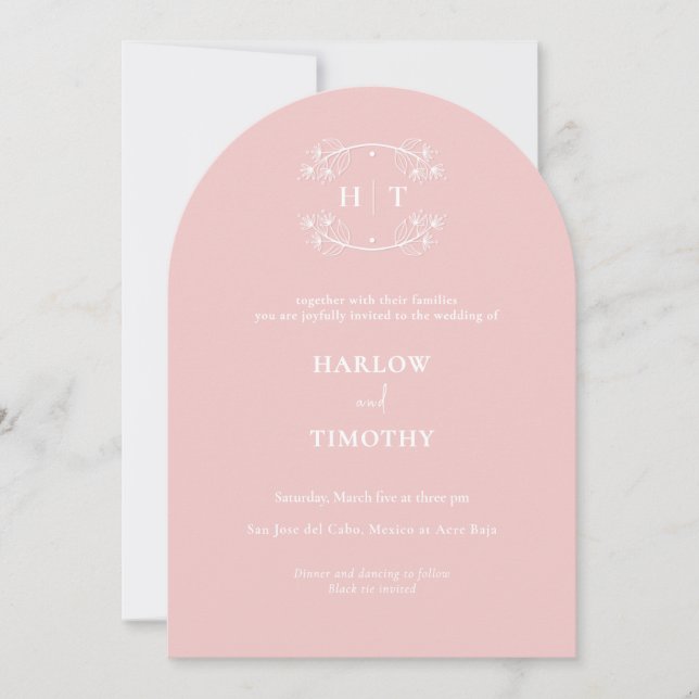 Elegant Pink Monogram white Calligraphy Wedding Invitation (Front)