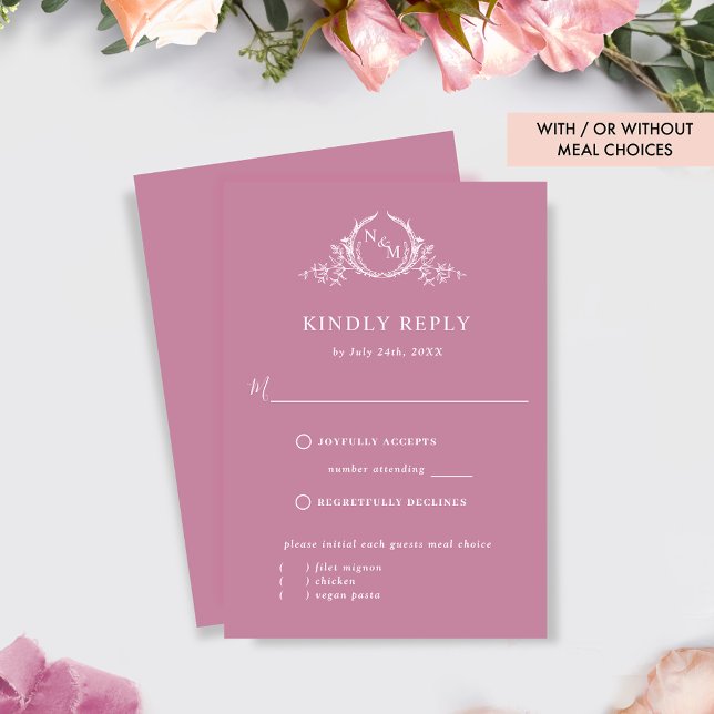 Elegant Pink Monogram With/Without Meals RSVP (Creator Uploaded)