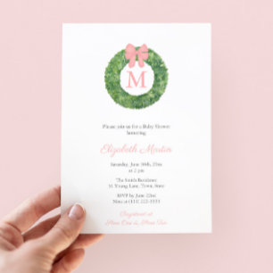 Elegant Pink Monogram Wreath Baby Girl Shower Invitation