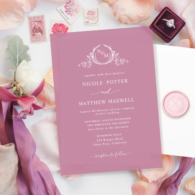 Elegant Pink Monogram Wreath Wedding  Invitation (Creator Uploaded)