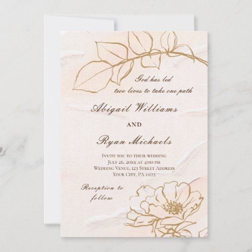 Elegant Pink Mustard Rose Leaves Christian Wedding Invitation