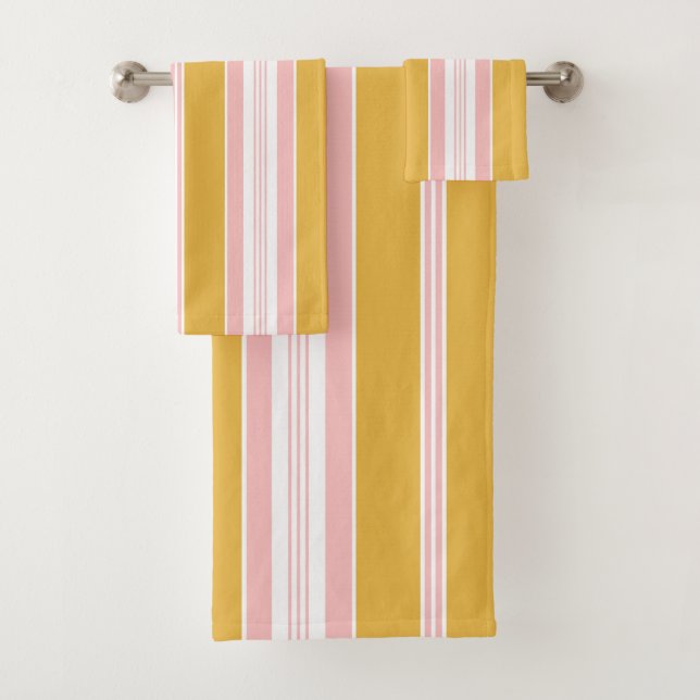 Elegant Pink Mustard Yellow French Ticking Stripe Bath Towel Set (Insitu)