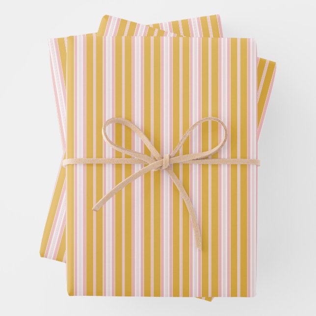 Elegant Pink Mustard Yellow French Ticking Stripes Wrapping Paper Sheets (In situ)