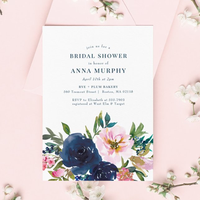 Elegant Pink Navy Blue Floral Bridal Shower (Creator Uploaded)