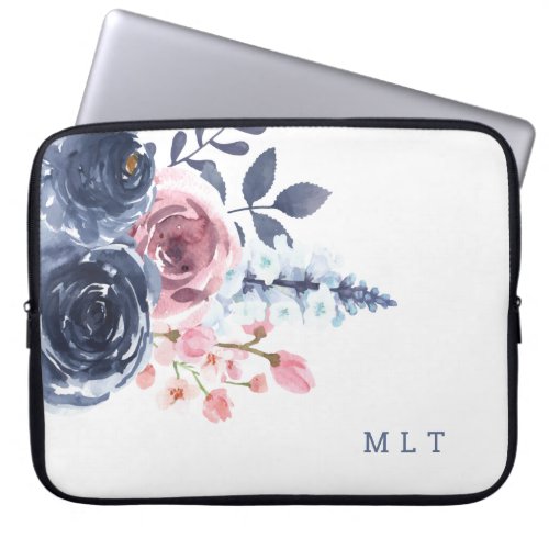 Elegant Pink Navy Blue Girly Floral Watercolor Laptop Sleeve