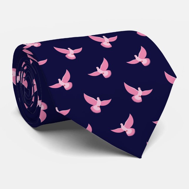Elegant Pink Navy Blue Pigeon Seamless Pattern  Neck Tie (Rolled)