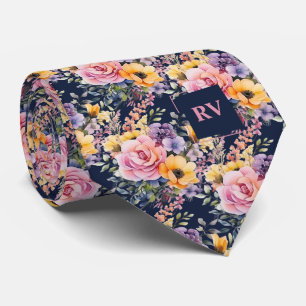 Elegant Pink Navy Blue Watercolor Flowers Neck Tie