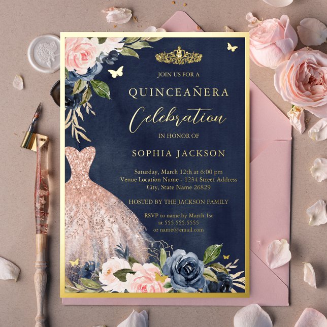 Elegant Pink Navy Floral Tiara Dress Quinceanera Foil Invitation (Creator Uploaded)