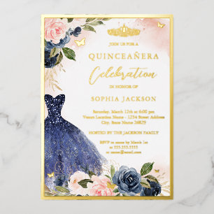 Elegant Pink Navy Floral Tiara Dress Quinceanera Foil Invitation