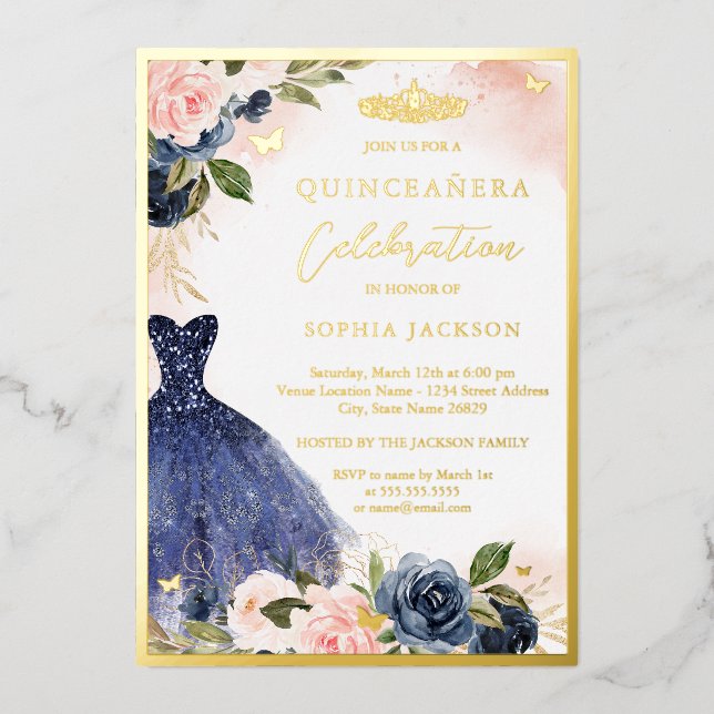 Elegant Pink Navy Floral Tiara Dress Quinceanera Foil Invitation (Front)