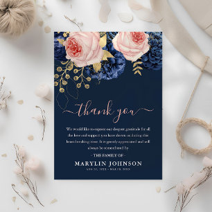 Elegant Pink & Navy Florals Funeral Thank You Card