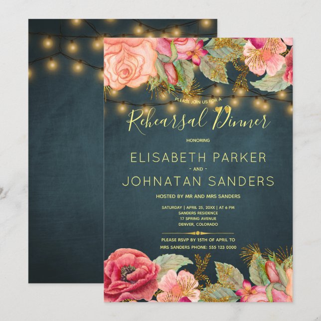 Elegant pink navy gold lights rehearsal dinner invitation (Front/Back)