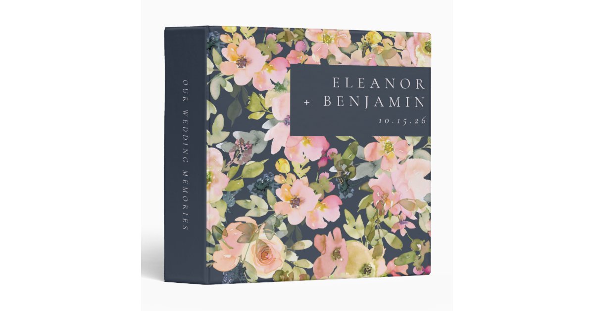 Elegant Pink Navy Watercolor Floral Custom Wedding 3 Ring Binder | Zazzle