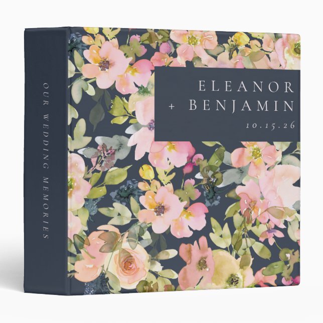 Elegant Pink Navy Watercolor Floral Custom Wedding 3 Ring Binder (Front/Spine)