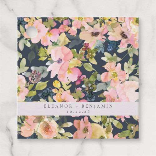 Elegant Pink Navy Watercolor Floral Custom Wedding Favor Tags