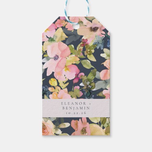 Elegant Pink Navy Watercolor Floral Custom Wedding Gift Tags