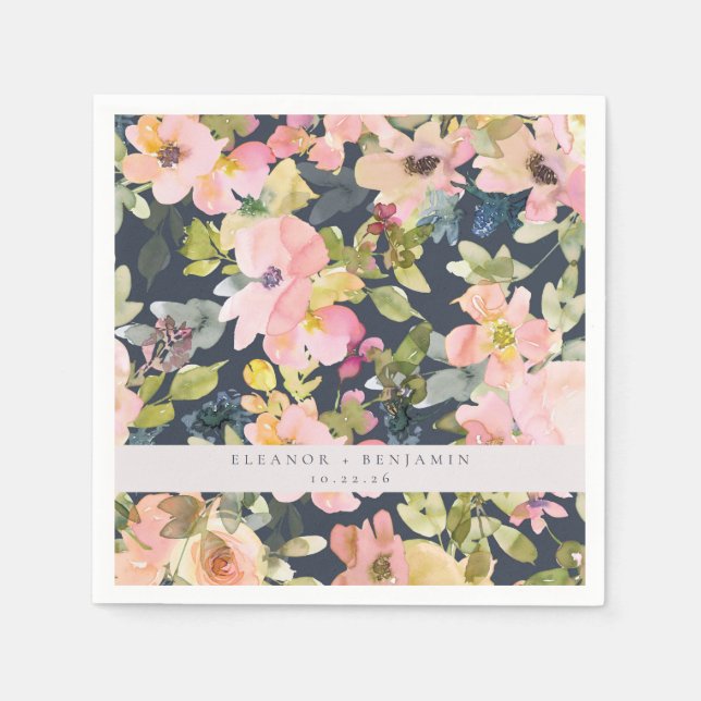 Elegant Pink Navy Watercolor Floral Custom Wedding Napkins (Front)