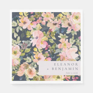 Elegant Pink Navy Watercolor Floral Custom Wedding Napkins
