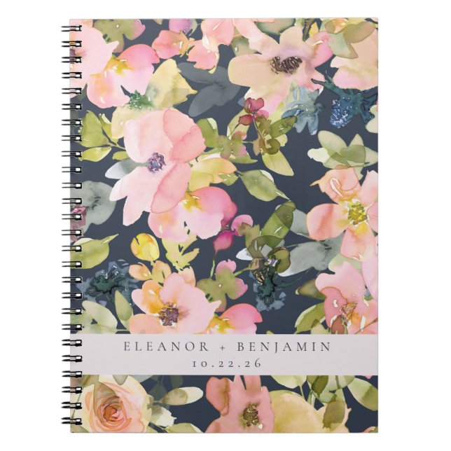 Elegant Pink Navy Watercolor Floral Custom Wedding Notebook (Front)