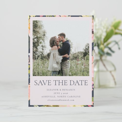 Elegant Pink Navy Watercolor Floral Custom Wedding Save The Date