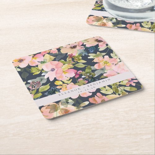 Elegant Pink Navy Watercolor Floral Custom Wedding Square Paper Coaster
