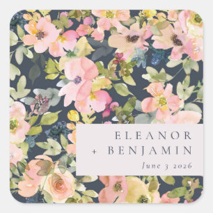 Elegant Pink Navy Watercolor Floral Custom Wedding Square Sticker