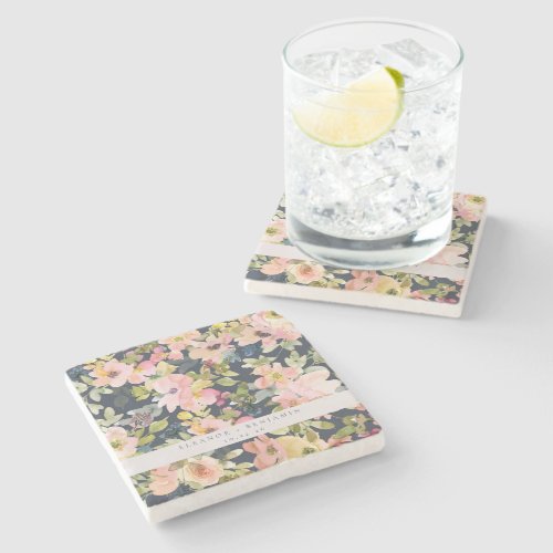 Elegant Pink Navy Watercolor Floral Custom Wedding Stone Coaster