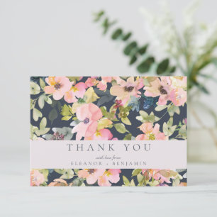 Elegant Pink Navy Watercolor Floral Custom Wedding Thank You Card