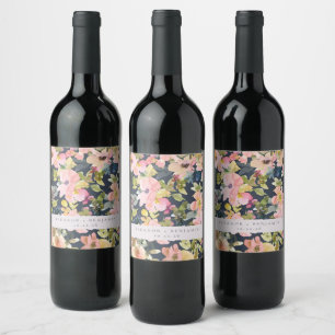 Elegant Pink Navy Watercolor Floral Custom Wedding Wine Label