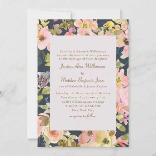 Elegant Pink Navy Watercolor Floral Formal Wedding Invitation