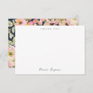 Elegant Pink Navy Watercolor Floral Wedding Names Thank You Card