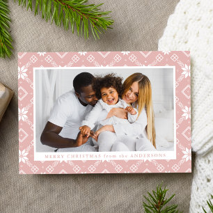 Elegant Pink Nordic Snowflake Pattern Photo Holiday Card