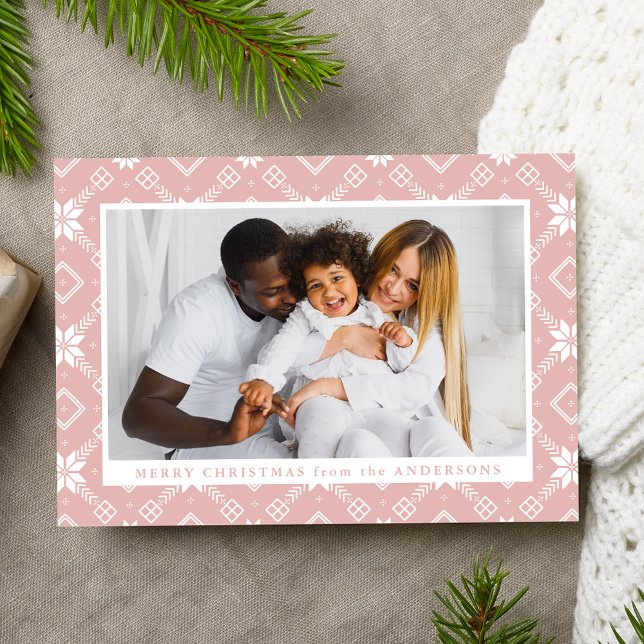 Elegant Pink Nordic Snowflake Pattern Photo Holiday Card (Creator Uploaded)