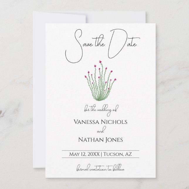 Elegant Pink Ocotillo Cactus Save The Date Card (Front)