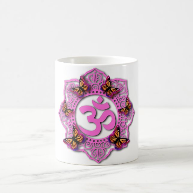 Elegant Pink ohm mandala pink purple butterflies Coffee Mug (Center)
