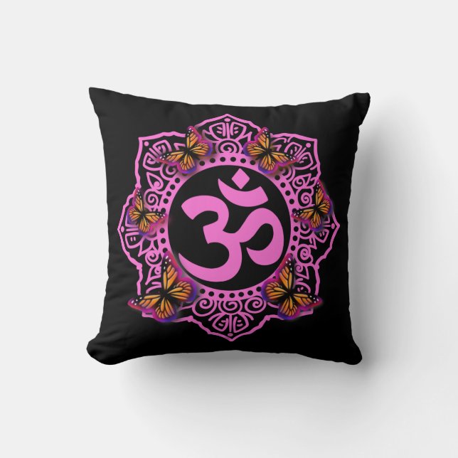 Elegant Pink ohm mandala pink purple butterflies Throw Pillow (Front)