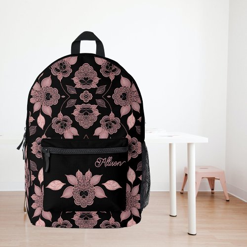 Elegant pink on black lace in vintage style custom printed backpack