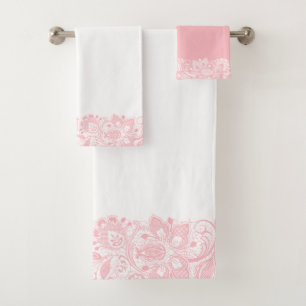 Elegant Pink On White Lace Border Bath Towel