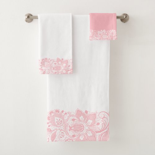 Elegant Pink On White Lace Border Bath Towel