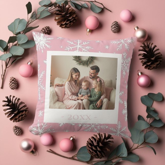 Elegant Pink one photo Snowflakes Throw Pillow (Elegant Pink one photo Snowflakes Throw Pillow)
