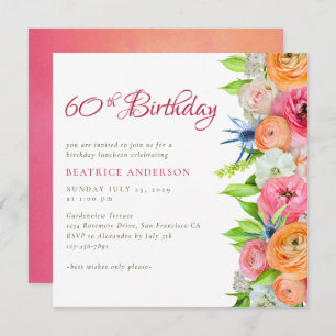 Elegant Pink Orange Floral 60th Birthday  Invitation