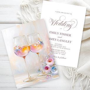 Elegant Pink Orange Floral Wine Glasses Wedding Invitation