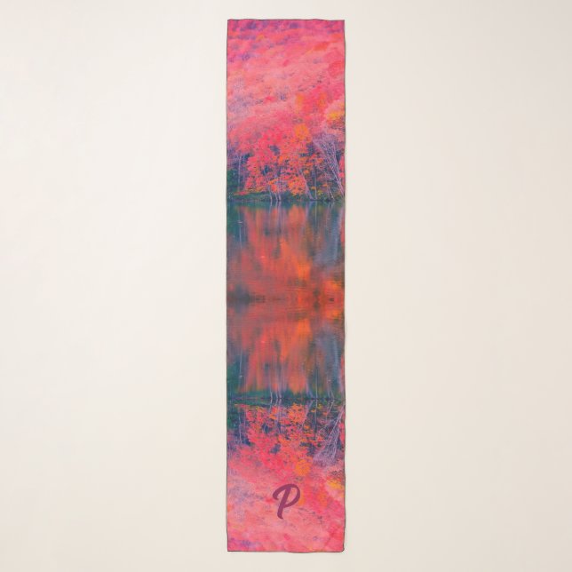 Elegant Pink Orange Lake Mountain Monogrammed Firs Scarf (Front)