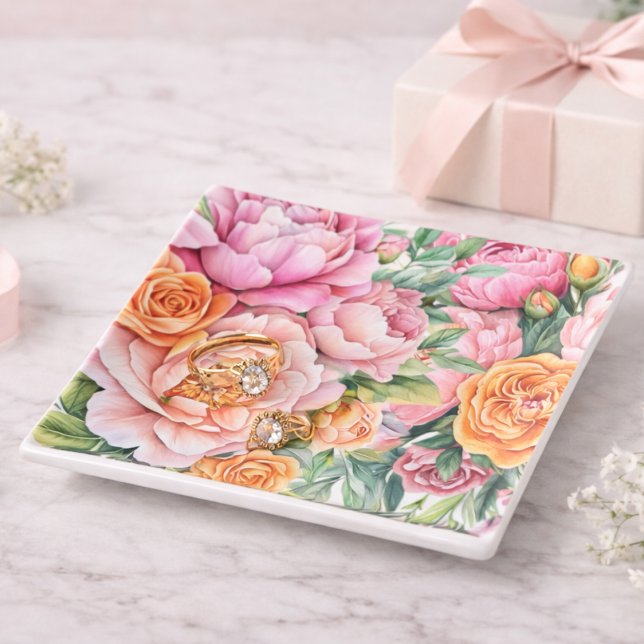 Elegant Pink & Orange Peonies Floral Trinket Tray  (Creator Uploaded)
