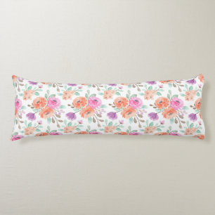 Elegant Pink Orange Purple Watercolor Floral White Body Pillow
