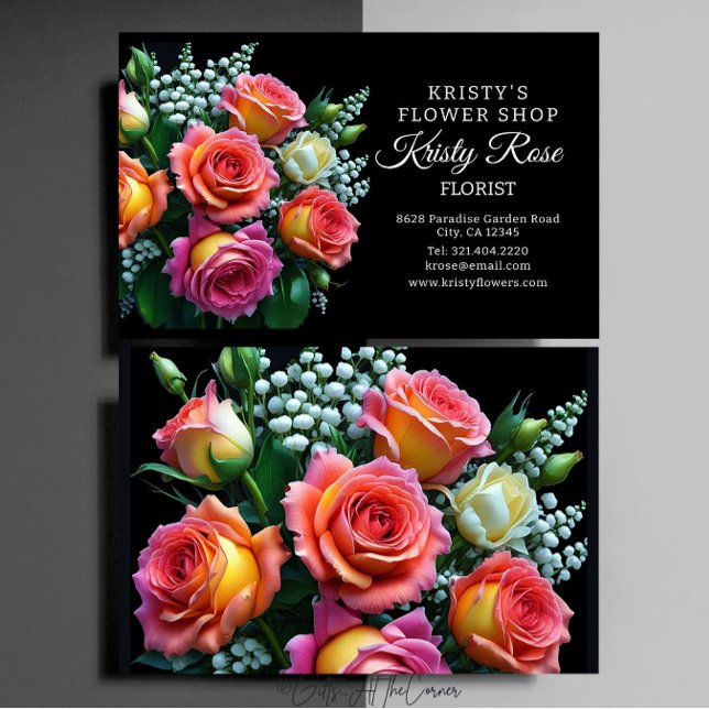 Elegant Pink Orange White Rose Flower Florist Business Card (Creator Uploaded)